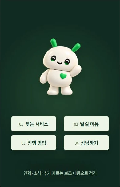 마스코트가 흩어진 정보를 찾는 서비스, 맡길 이유, 진행 방법, 상담하기 순서로 정리하는 장면